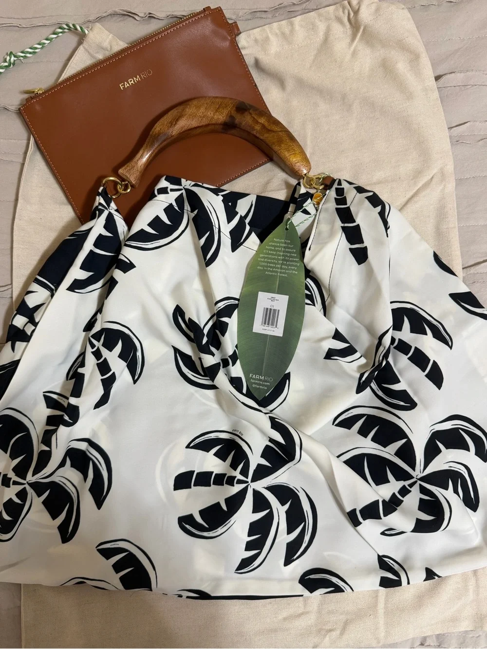 Farm Rio Black And White Palm Trees Scarf Tote Bag